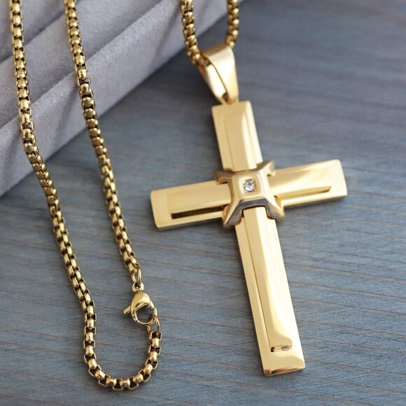 Other - Cross Pendant with CZ Stone Style Round Cable Chain Necklace Stainless Steel